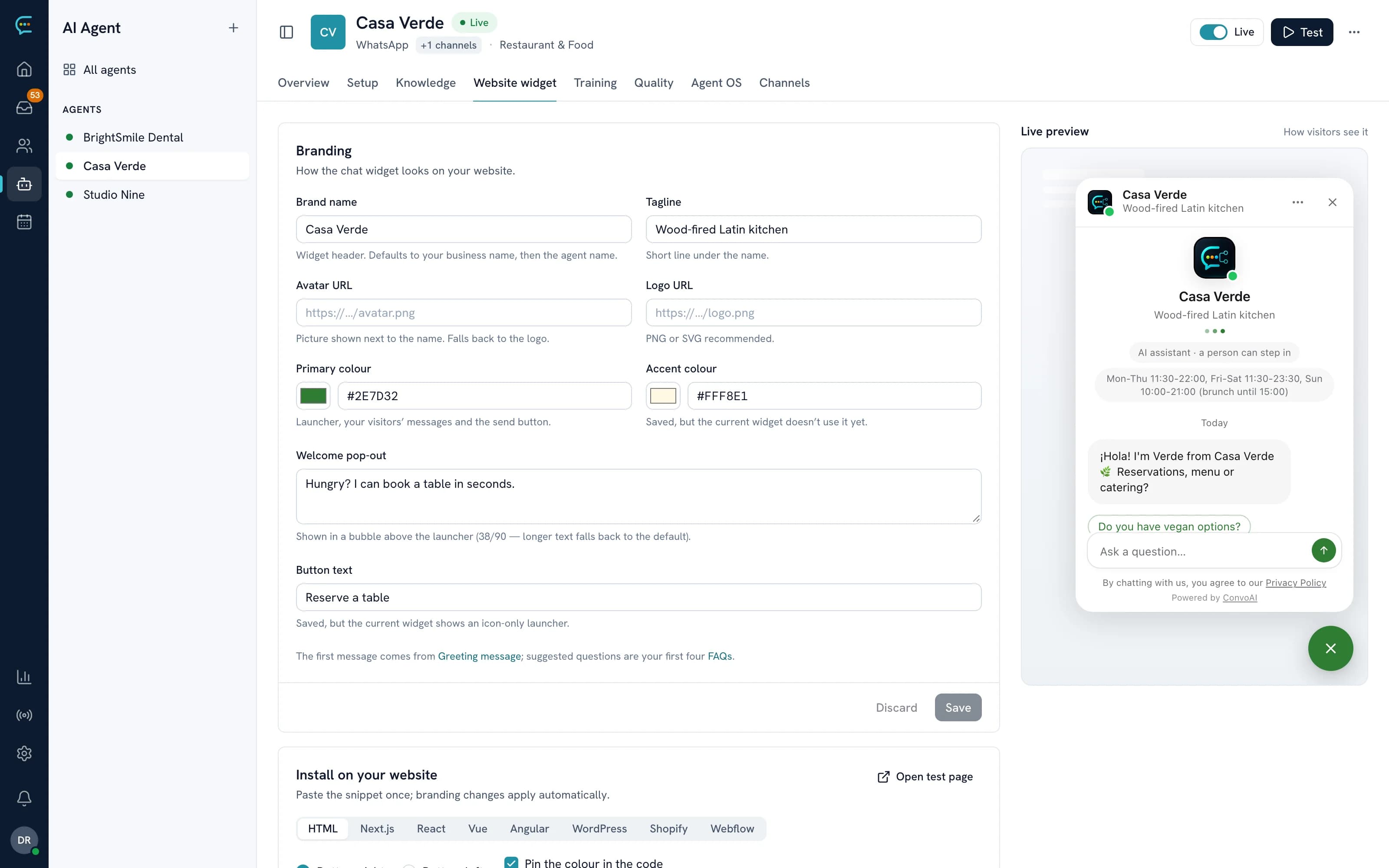 ConvoAI chat widget branding with live preview