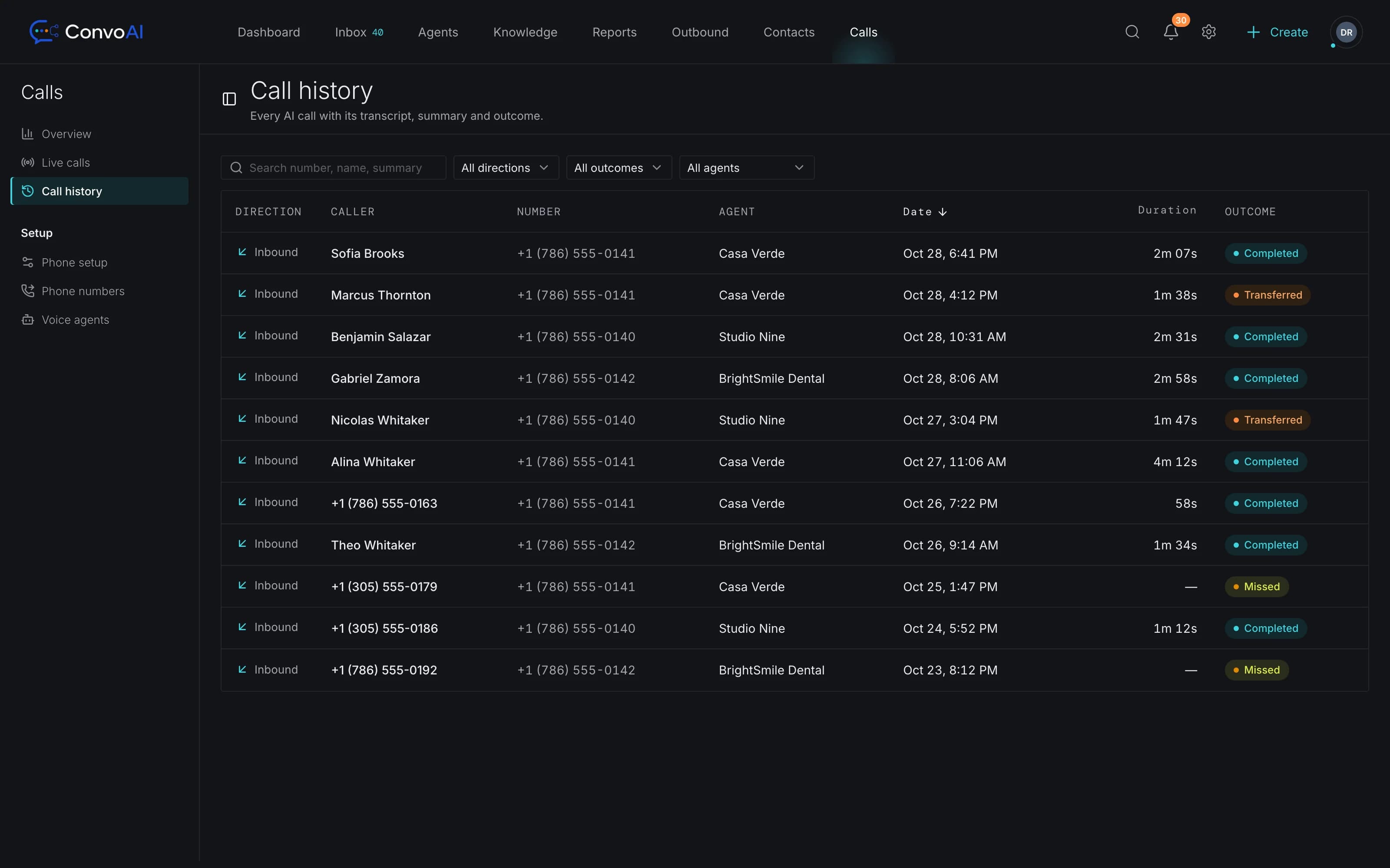 ConvoAI call history: inbound calls answered by the voice AI Employee, with duration and outcome (completed, transferred, missed)