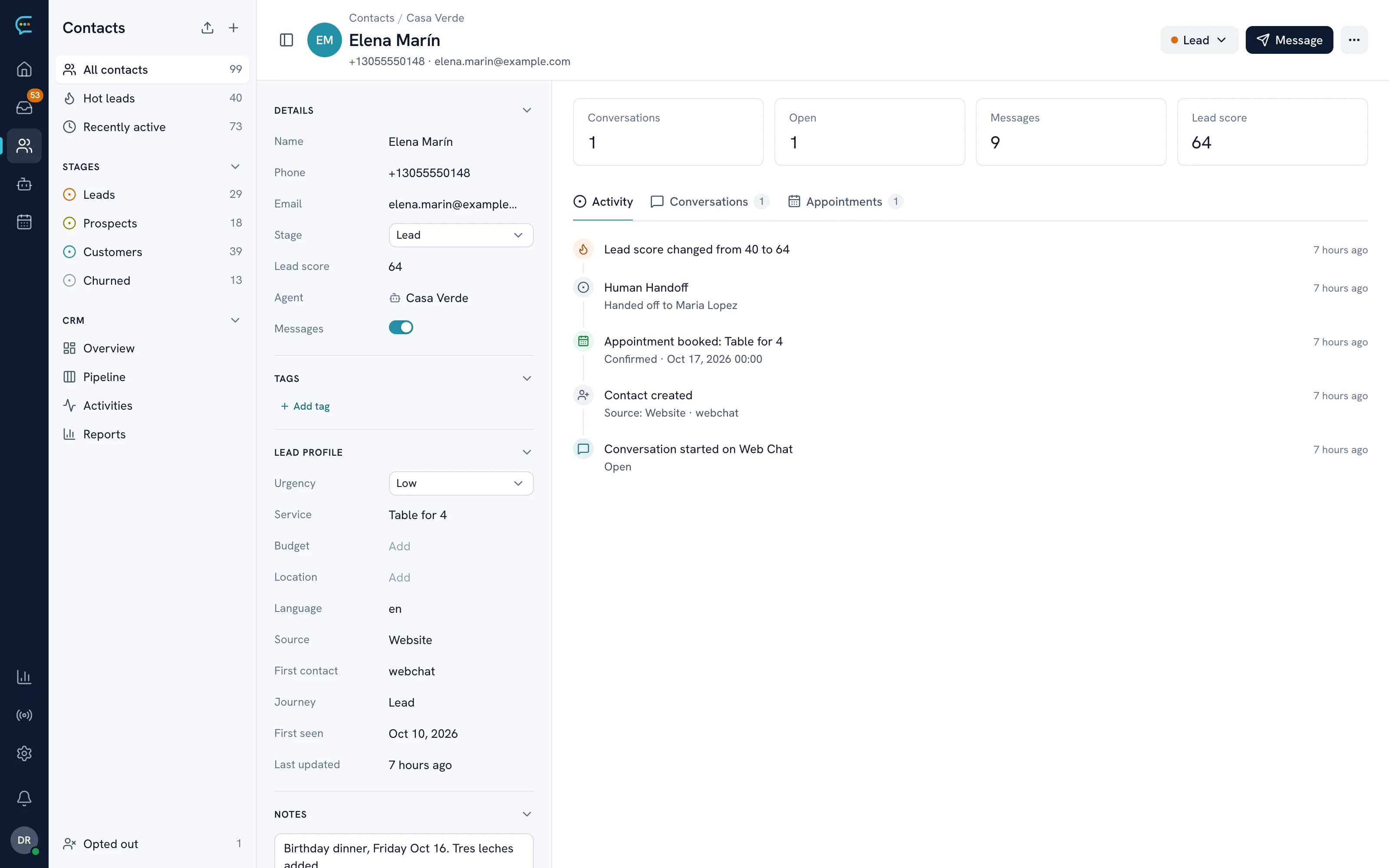 A ConvoAI contact profile created from a website chat