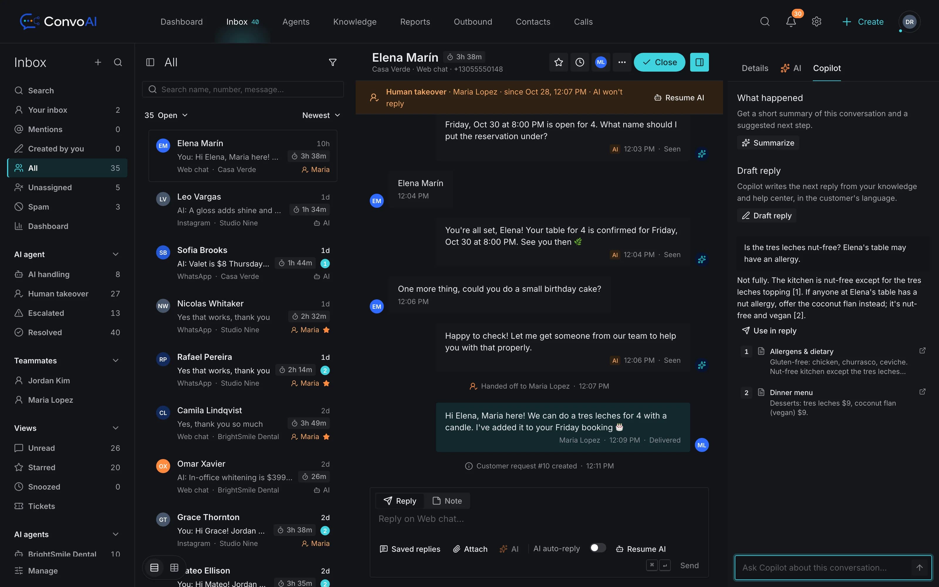 ConvoAI Copilot answering a teammate's question in the inbox, with numbered sources from the knowledge base
