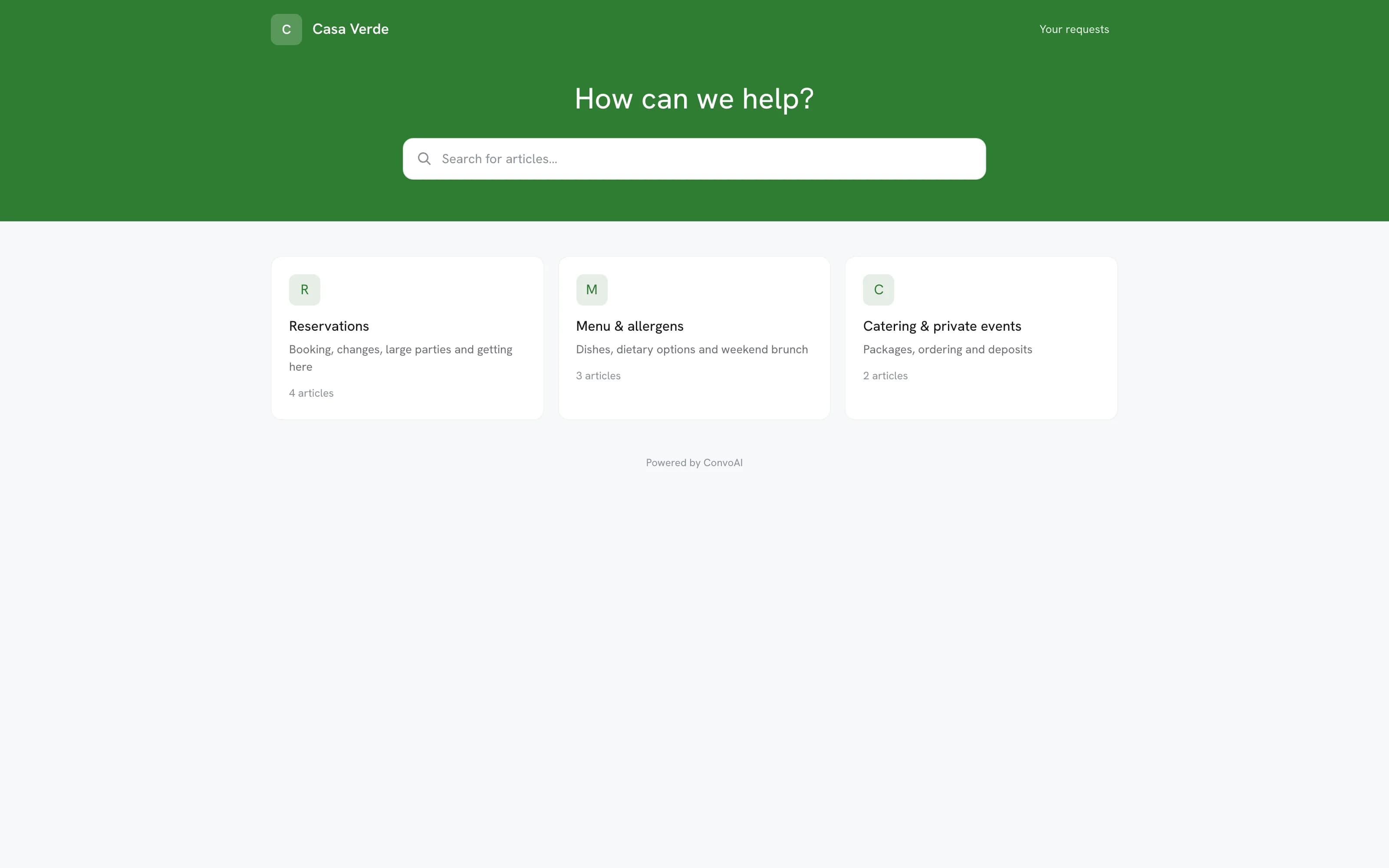 A public Help Center built with ConvoAI: search and article collections