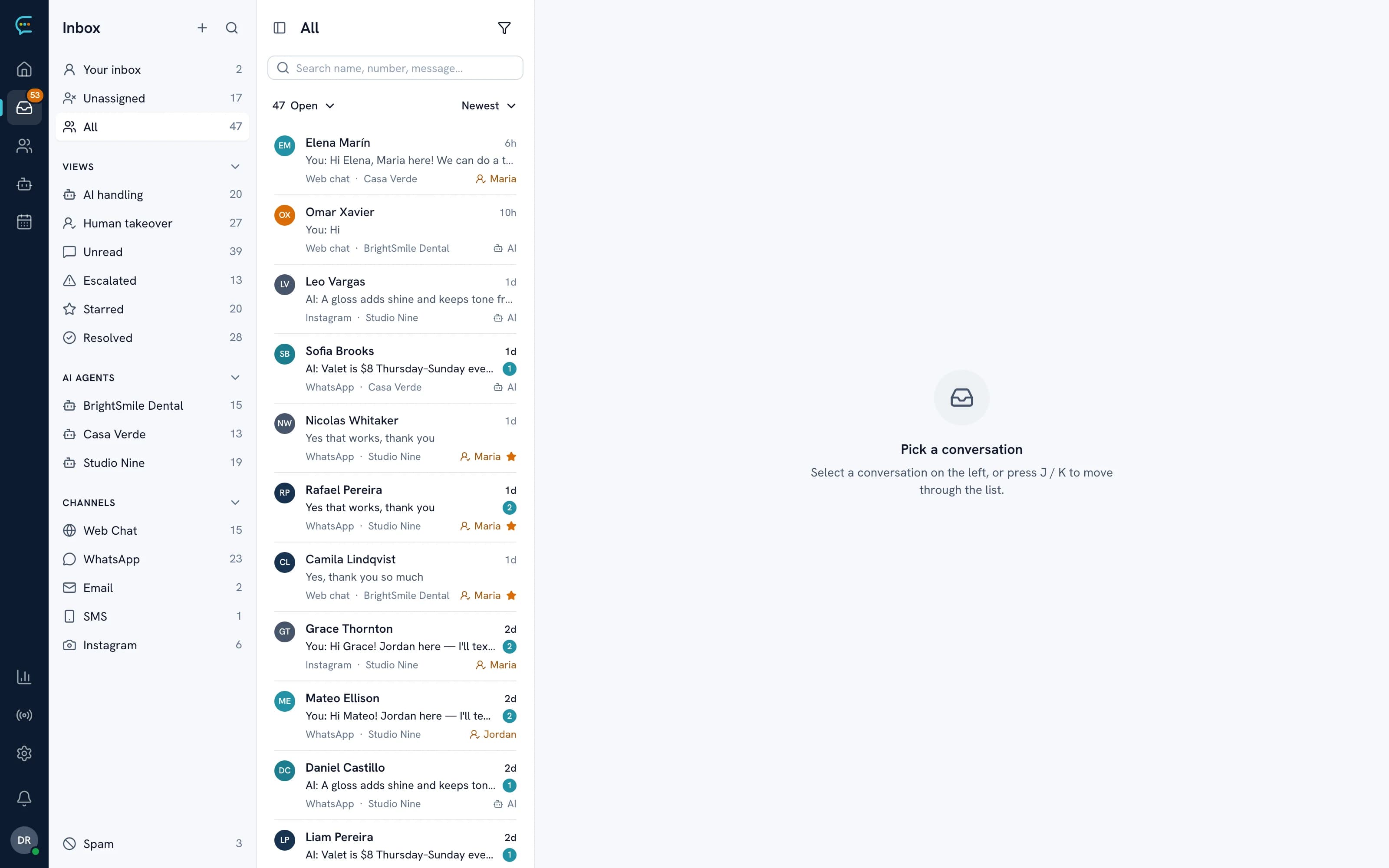 ConvoAI Inbox showing the conversations the AI agent is handling