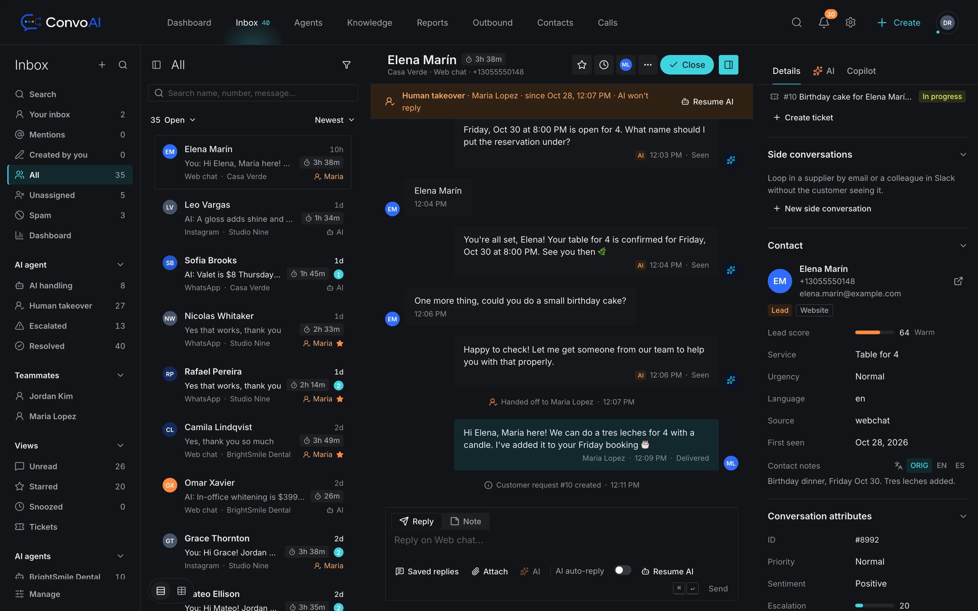 A conversation the AI Employee handed to a teammate: human takeover, linked tickets and the customer's profile