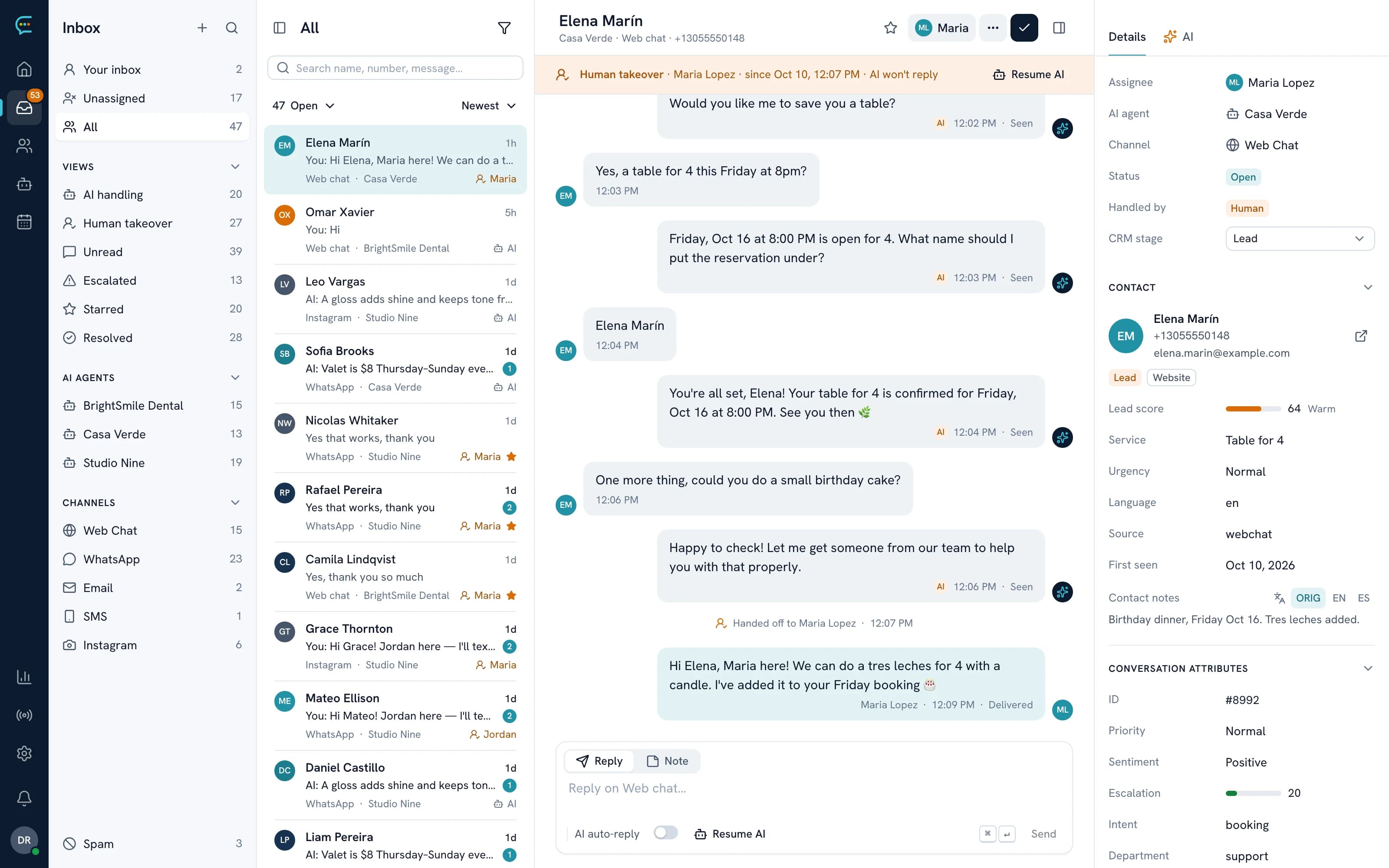 ConvoAI Inbox: a website chat handed off from the AI agent to a teammate
