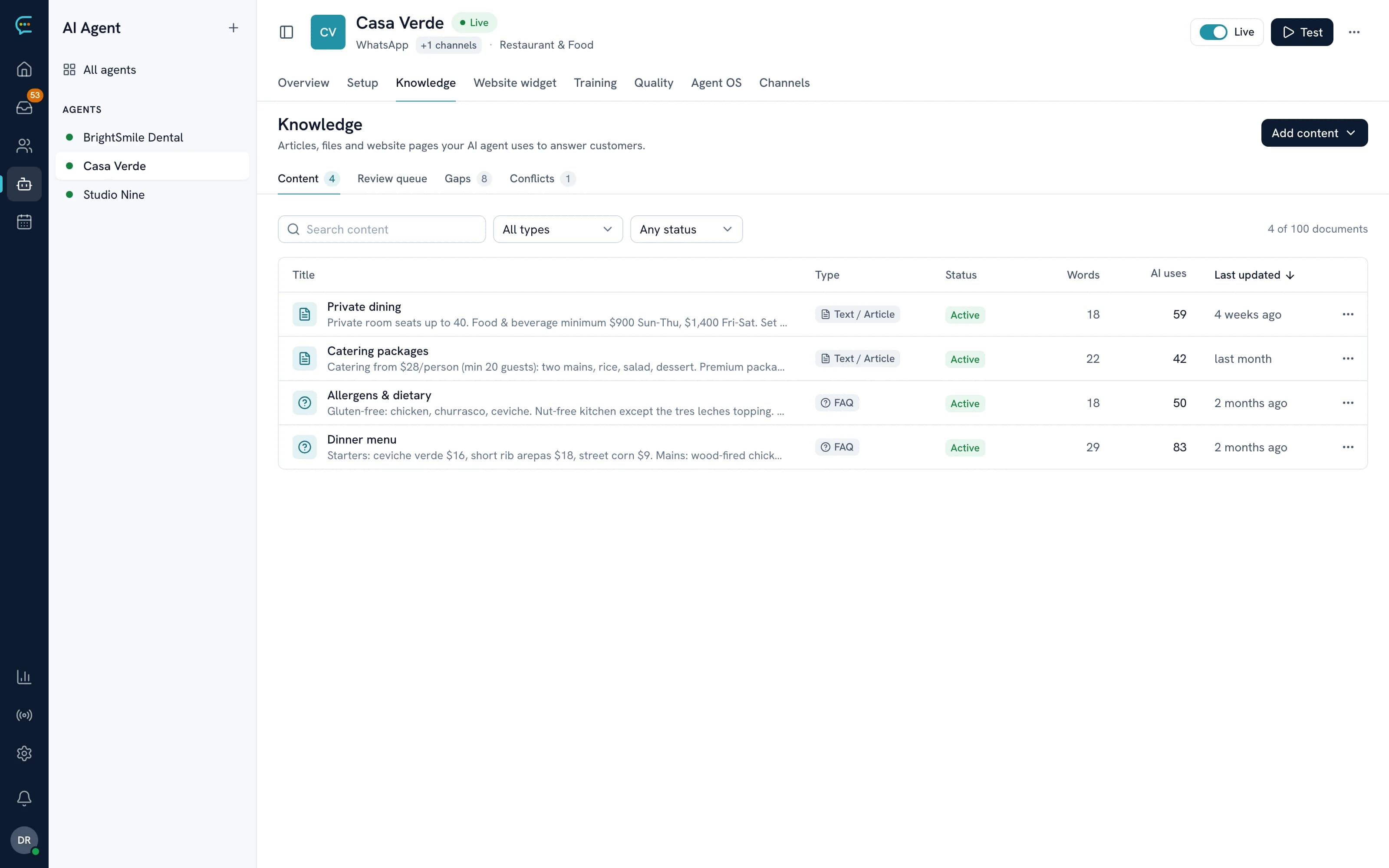ConvoAI knowledge base with articles and FAQs